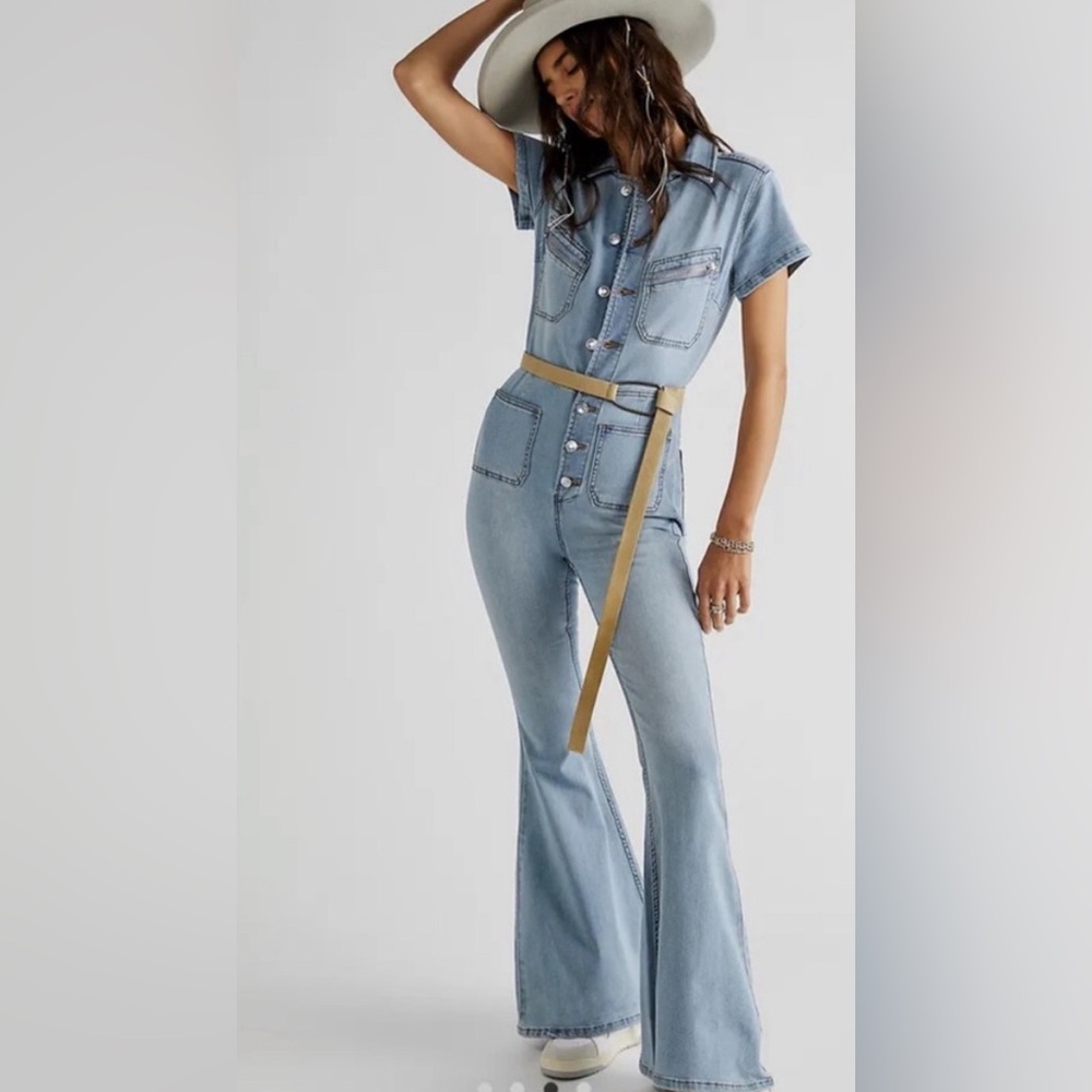 FREE PEOPLE DENIM BELL BOTTOM JUMPSUIT